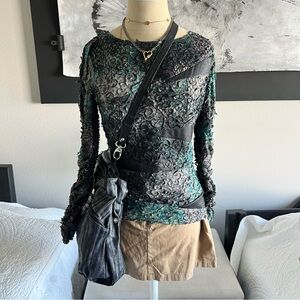 Green and black ruffled texture with leather long sleeve top